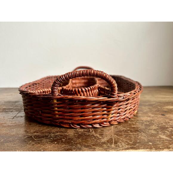 Vintage Brown Rattan Wicker Oval Divided Serving Tray with Handles - Picture 5 of 6